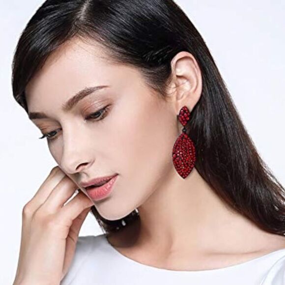 Carbon Black with Ruby Red Crystal Double Leaf Chandelier Post Back Earrings - Picture 3 of 4